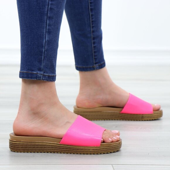 Neon Pink Faux Leather Slip On Comfort Sandal - Picture 6 of 13